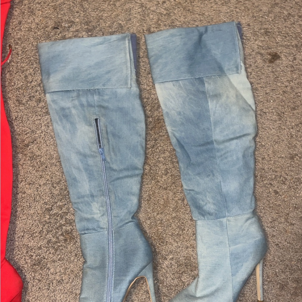 Fashion Nova Light Blue Denim Heeled Boots